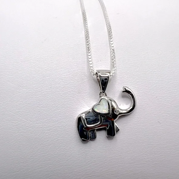 .925 Sterling Silver Elephant Necklace with Lab Opal Heart Ear